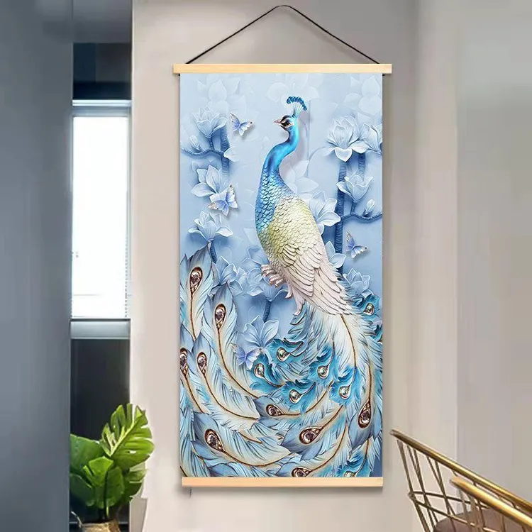 高级感走廊玄关孔雀装饰画卷轴油画布挂画免打孔墙壁画招财布艺画