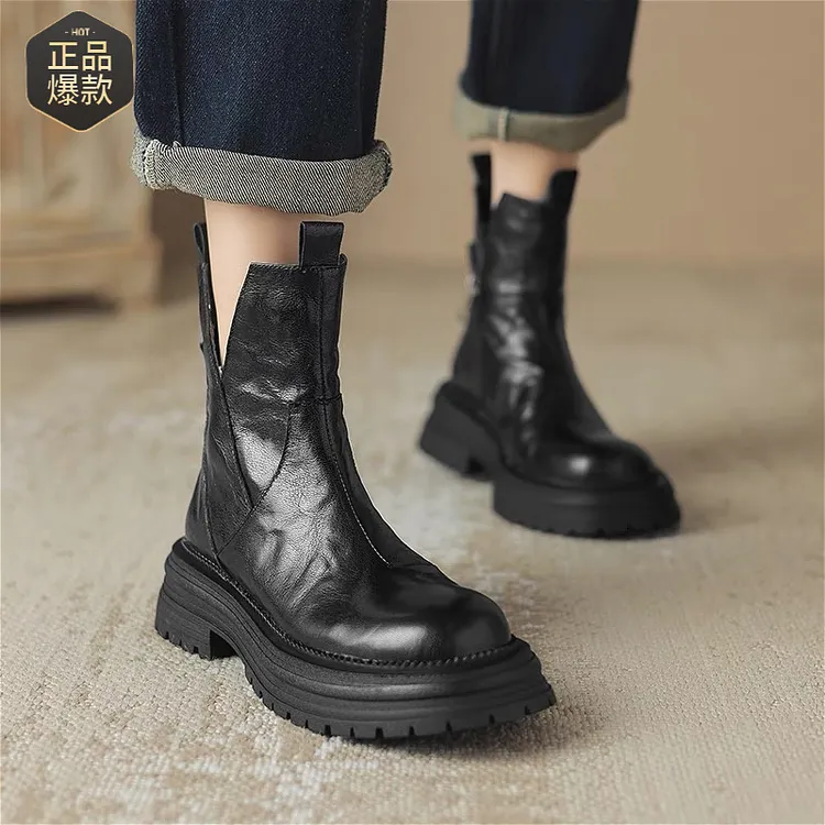 洋气黑色厚底短靴女2025秋冬加绒单靴马丁靴英伦风显瘦切尔西短靴