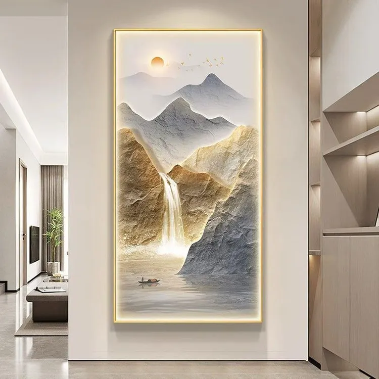 旭日东升玄关装饰画现代轻奢高档走廊过道挂画山水画入户客厅壁画