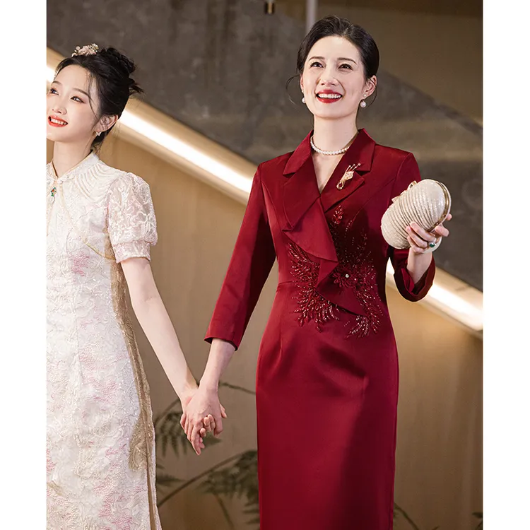 喜婆婆婚宴装礼服裙高贵年轻结婚妈妈婚礼喜服高端轻奢长袖高级感