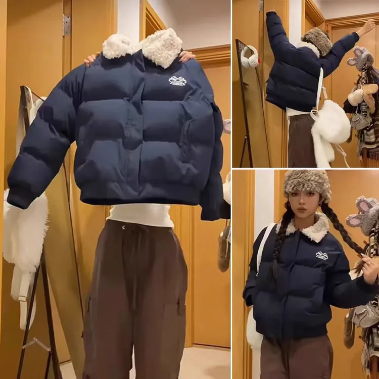 美式百搭复古翻领短款棉服女小个子冬季加厚保暖棉衣外套潮潮流