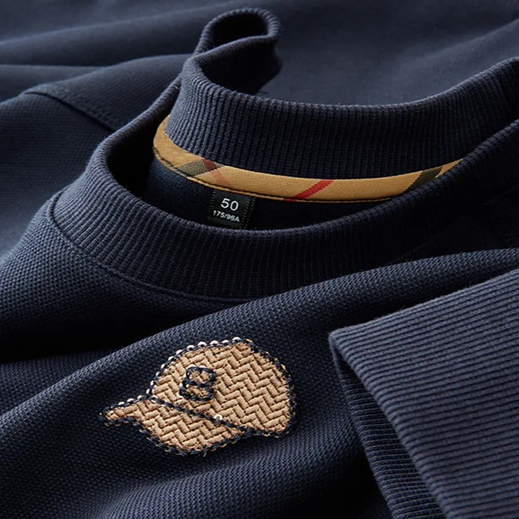 轻奢秋季优质棉男士长袖圆领t恤2023新亮片帽子标蓝色休闲卫衣男