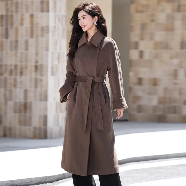 温莎公主带里衬纯山羊绒大衣女中长款宽松加厚紫绒100%羊绒外套