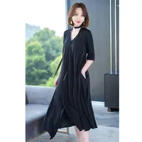 2025夏季新款重磅真丝连衣裙女士气质时尚桑蚕丝纯色裙子黑色过膝