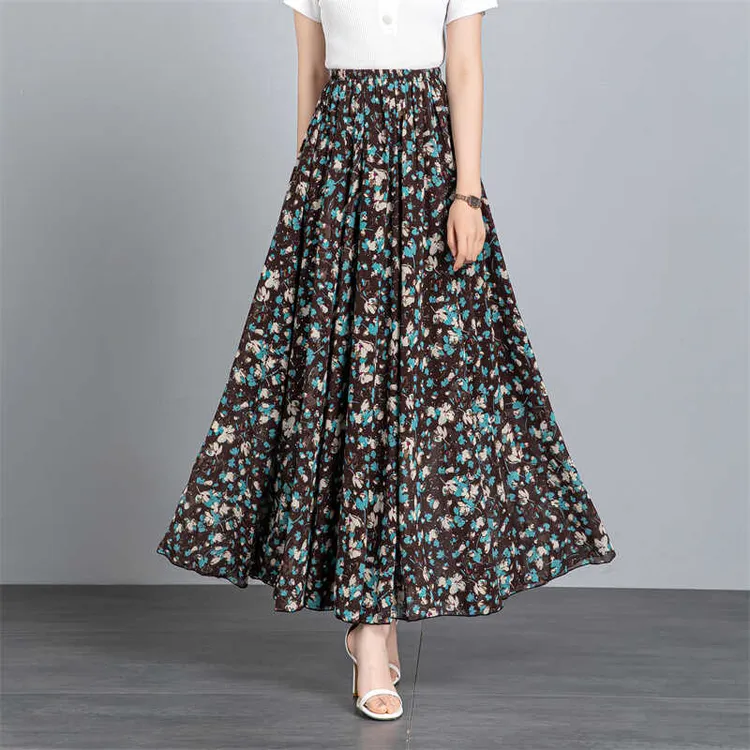 小碎花雪纺半身长裙裙子松紧腰垂感大摆沙滩裙夏季印花A字裙