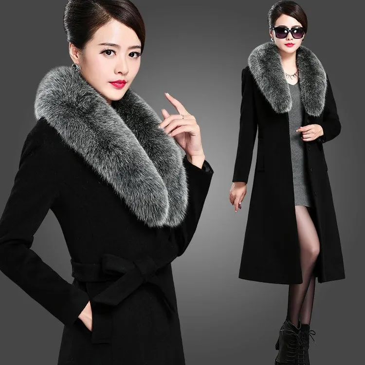 毛呢外套妈妈时尚保暖真狐狸毛领羊绒大衣秋冬装长款西装领上衣