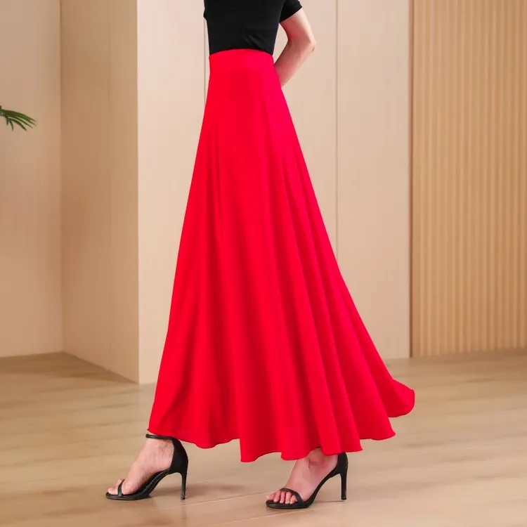 夏季垂感雪纺大摆半身裙高腰女拉链a字舞裙长裙时尚优雅显瘦裙