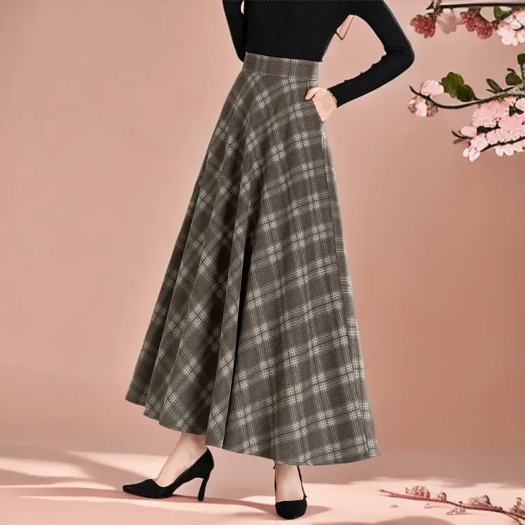 秋冬垂感长裙格纹毛呢半身裙大摆a字格子显瘦中长款舞裙气质百搭