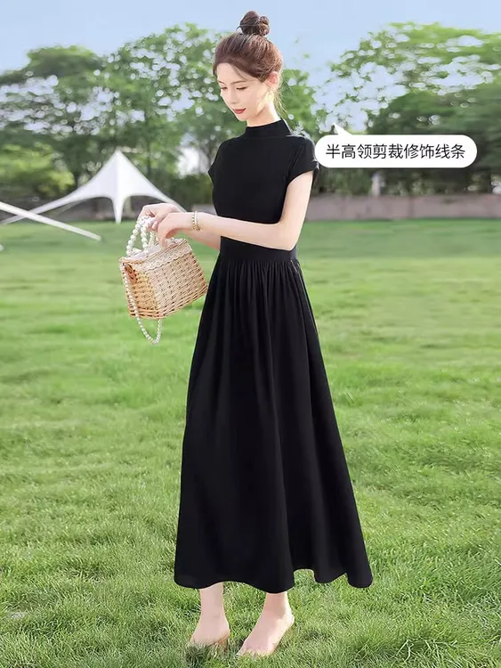 夏季新款半高领短袖连衣裙女装赫本风收腰气质垂感优雅感大摆长裙