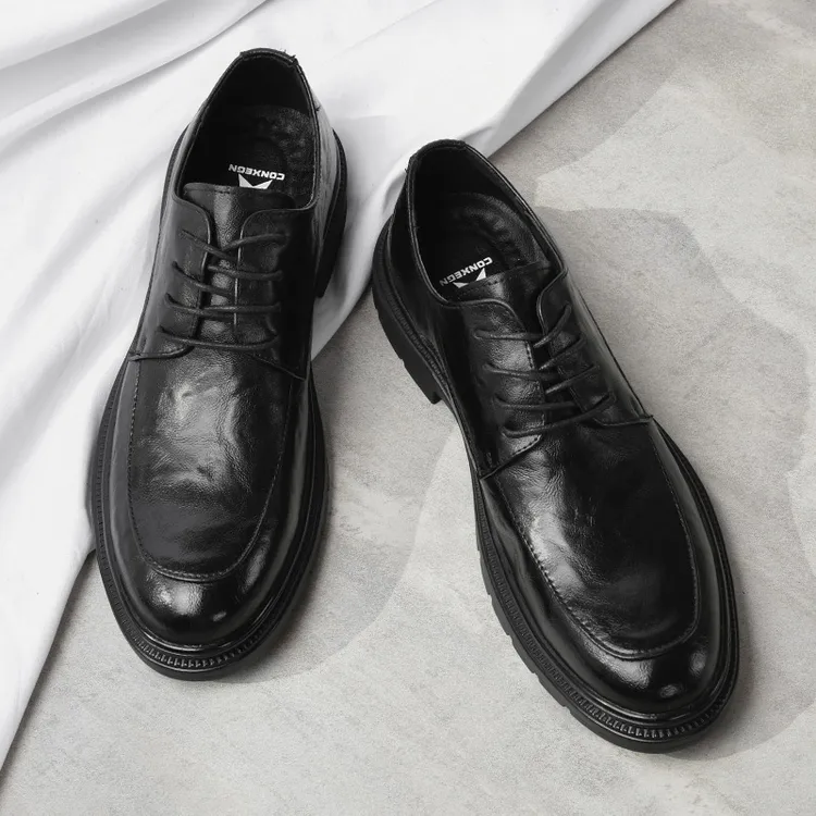 皮鞋男春秋款英伦风男士黑色休闲鞋正装英伦系带潮流百搭鞋子6005