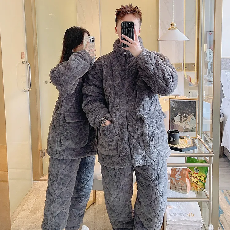 情侣睡衣珊瑚绒深灰色特厚冬季三层夹棉家居服冬天可外穿一件代发