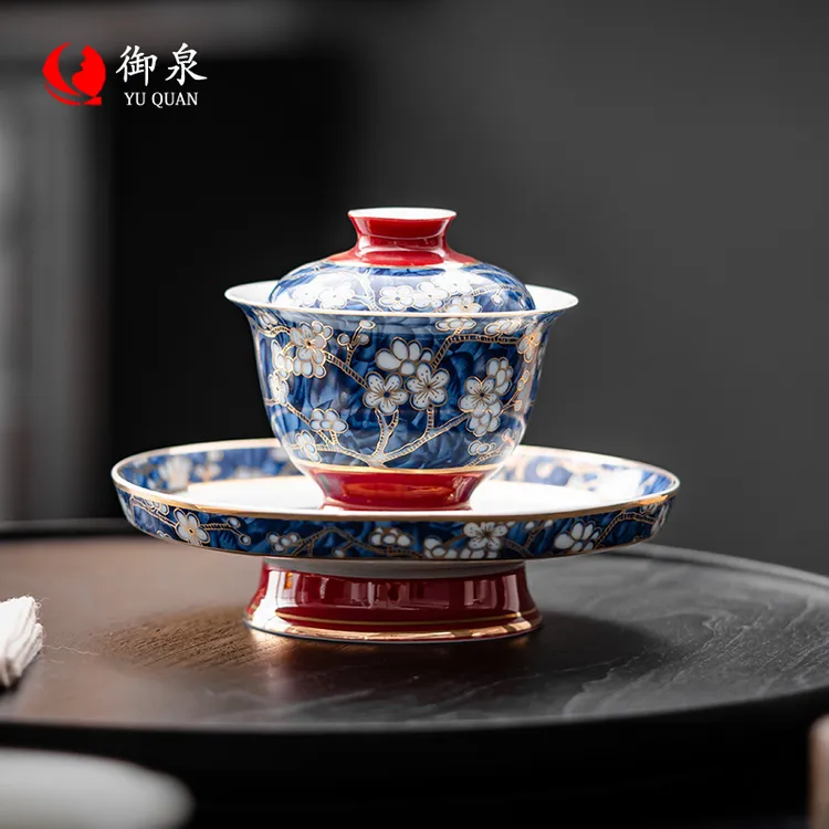 瓷人墨客“金绘梅”合意三才盖碗泡茶器茶杯茶具高档中式宫廷风