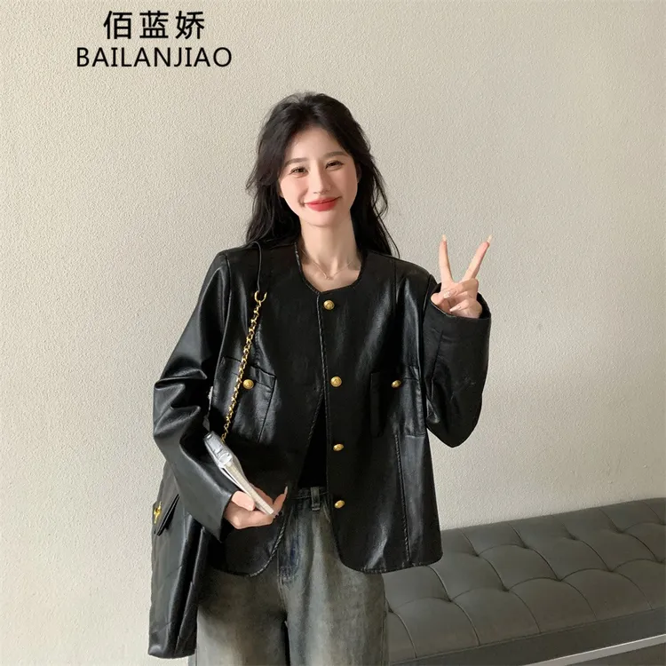 小香风皮衣外套女春秋2025新款pu皮夹克小个子高级感炸街流行上衣