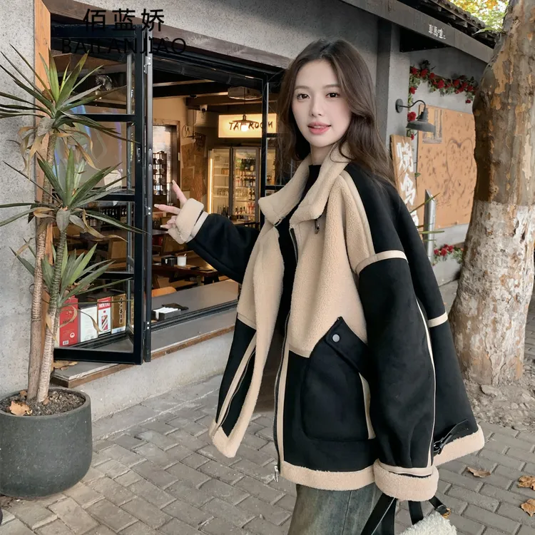 黑色炸街仿羊羔毛绒机车服外套女秋冬皮毛一体时尚洋气美拉德棉服