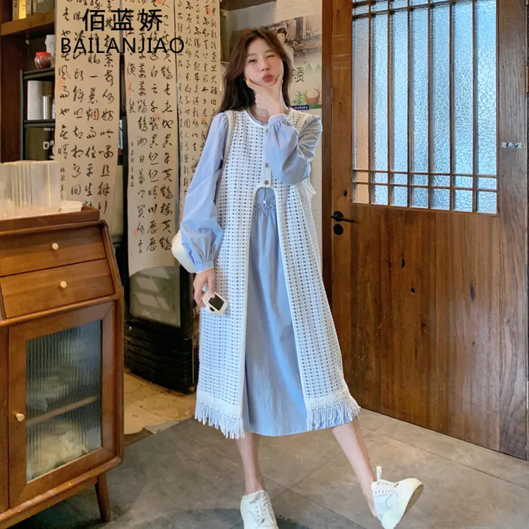 森系小清新蓝色衬衫连衣裙叠穿流苏镂空罩衫裙2025初春氛围感穿搭