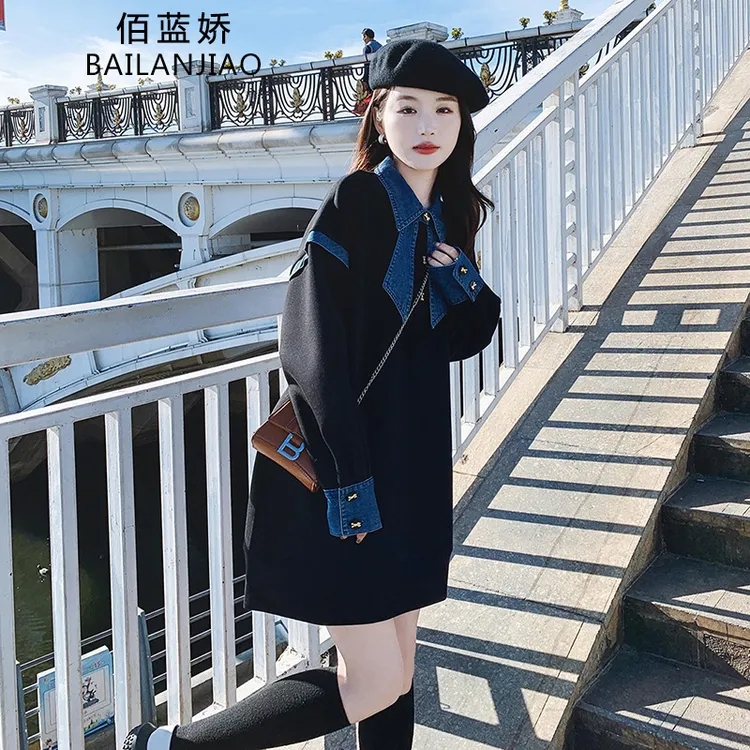 中长款蝴蝶结牛仔拼接卫衣女2025秋季新款小众设计感减龄爆款上衣