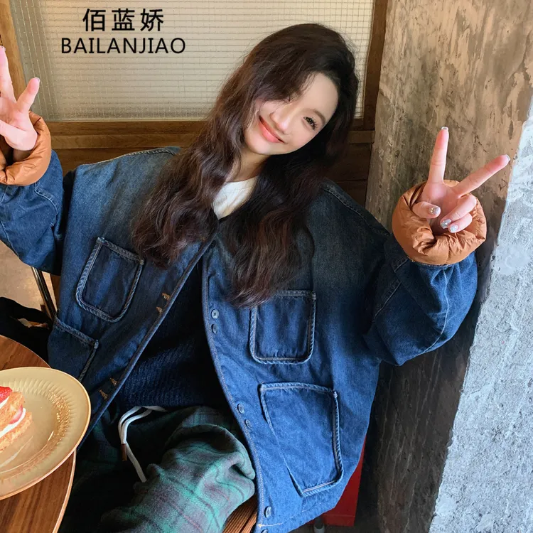 设计感炸街牛仔羽绒服女短款2024年冬季新款韩系小个子白鸭绒外套