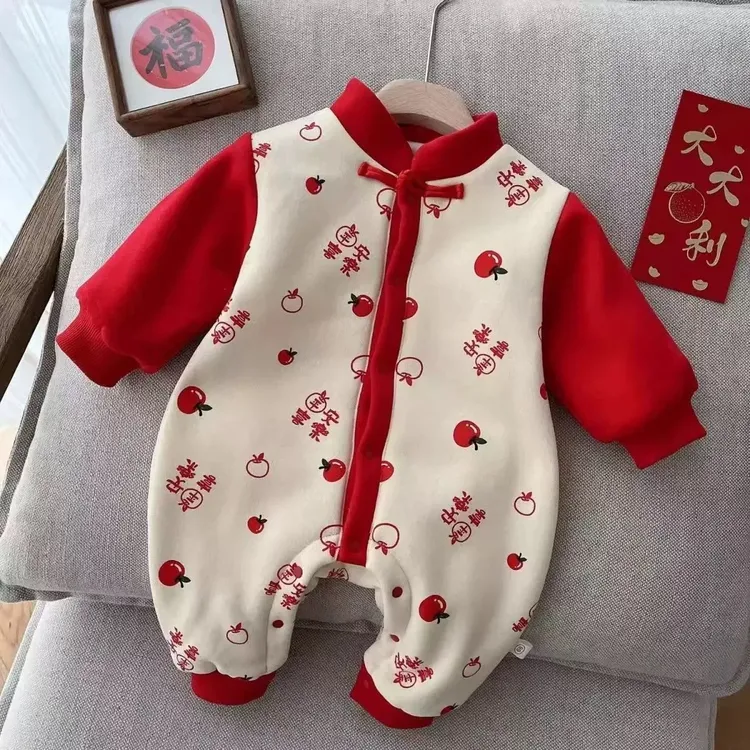婴儿女童周岁喜庆加绒秋冬装哈衣宝宝超萌加厚保暖连体衣保暖爬服