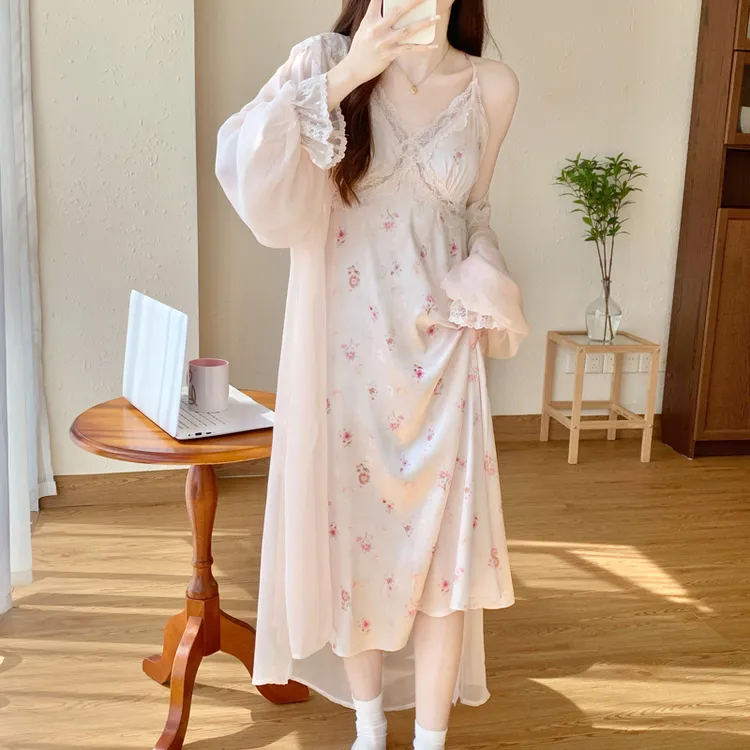 薄款晨袍女新娘冰丝睡裙两件套碎花长裙家居服可外穿春季法式夏天