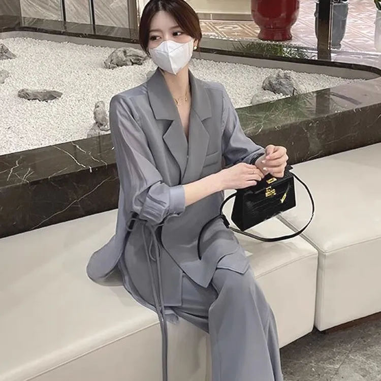 大码女装夏季新款时尚宽松洋气防晒薄款西装外套高腰阔腿裤套装女