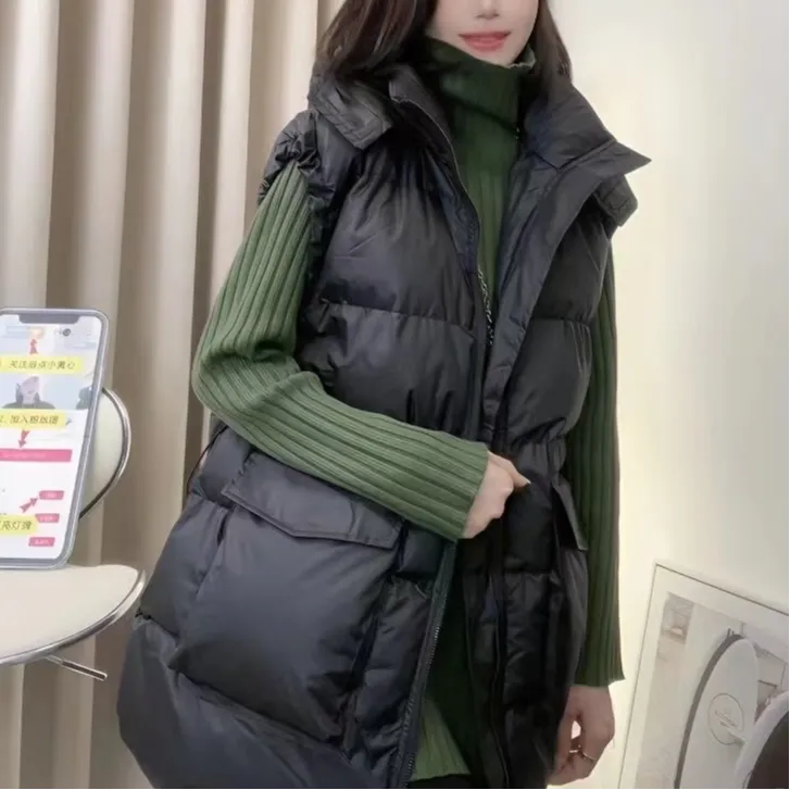 大码百搭棉马甲女秋冬韩版宽松外穿中长款胖妹妹连帽棉服外套马夹