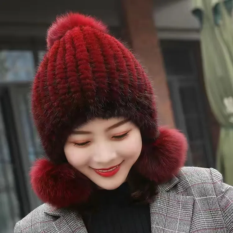 新款水貂帽子女狐狸三毛球冬季貂毛编织女士保暖护耳帽貂皮草帽