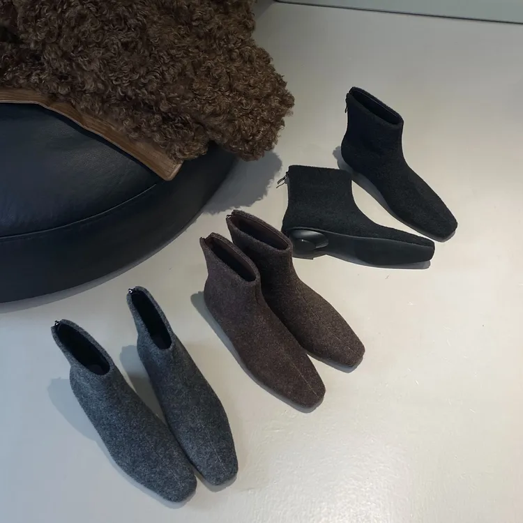 新款低跟后拉链短筒法式小踝靴秋冬气质灰色小方头毛呢瘦瘦靴女鞋