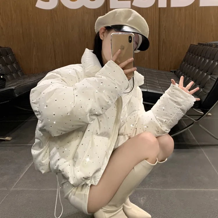 网红同款冬季新款小众烫钻暗黑辣妹保暖ins羽绒棉服外套秋冬酷飒