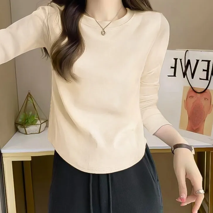 长袖t恤女纯棉正肩设计感弧形下摆不规则打底衫洋气内搭白色上衣