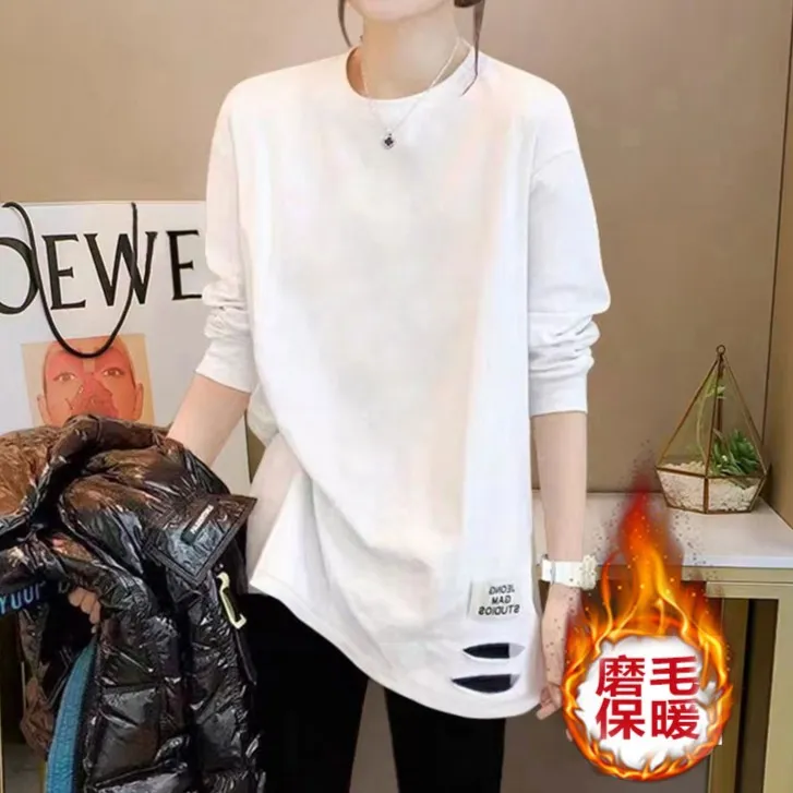 白色磨毛长袖t恤女破洞设计感中长款秋冬宽松上衣加厚内搭打底衫