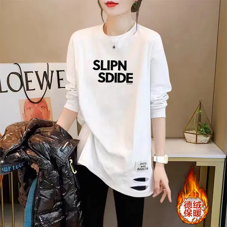 秋冬德绒长袖t恤女可外穿中长款加绒保暖鲨鱼裤伴侣过臀打底上衣