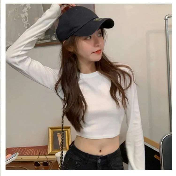 白色上衣女2023新款春秋高腰短款露脐纯棉长袖修身T恤内搭打底衫