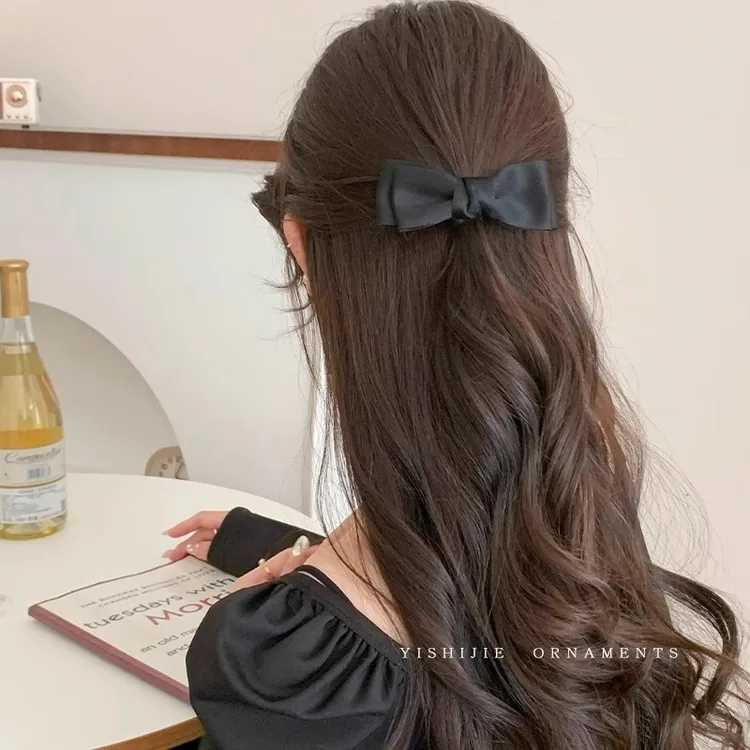 韩式气质黑色蝴蝶结弹簧夹布刘海艺顶夹简约百搭半扎发后脑勺发卡