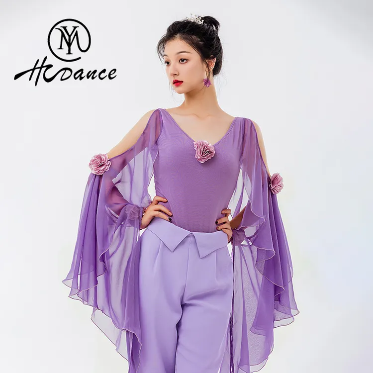 HCdance&MYY联名系列摩登舞服 女成人带花飘带摩登舞上装 HY1007