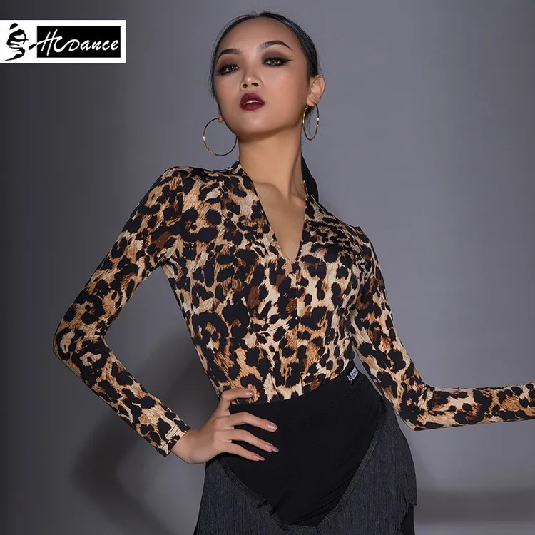 皇朝舞服摩登练功服女士摩登服衣服舞蹈上衣豹纹V领国标舞 A1186