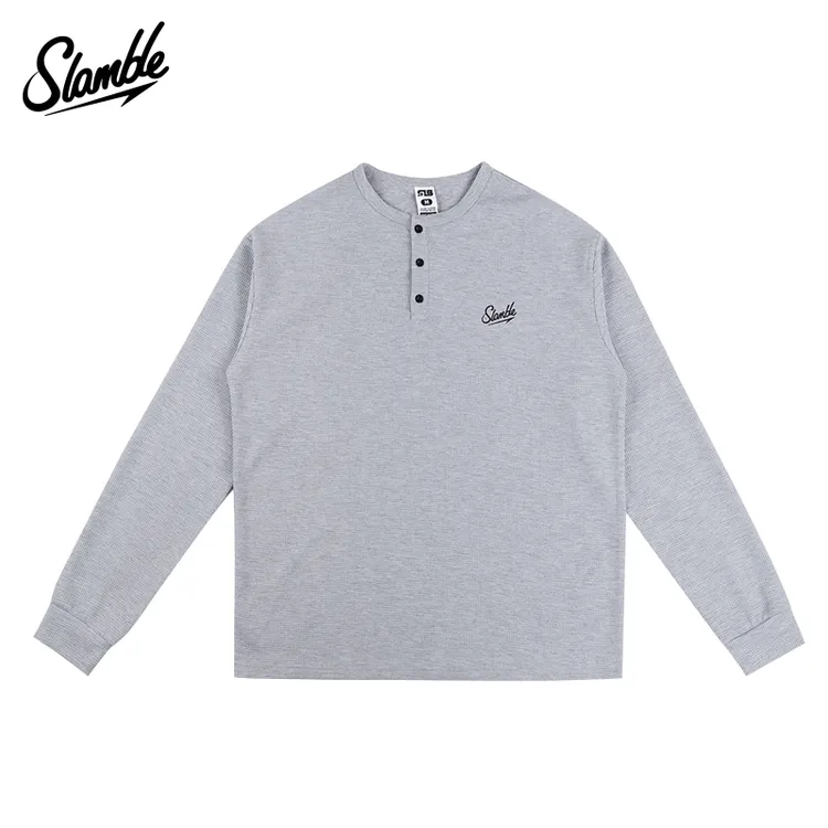 SLAMBLE秋季新款华夫格亨利领休闲运动男女长袖T恤套头上衣美式