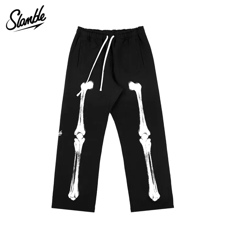 SLAMBLE春季新款美式骨头印花运动卫裤男潮牌街头滑板长裤直筒裤