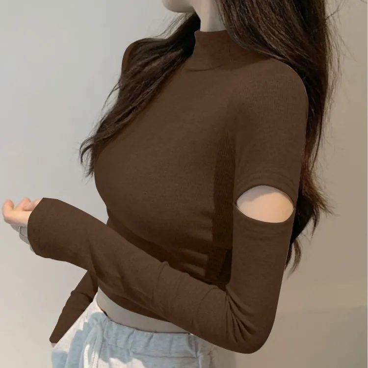 春秋螺纹新款破洞上衣女咖啡色短款修身半高领甜美可爱风格衣服