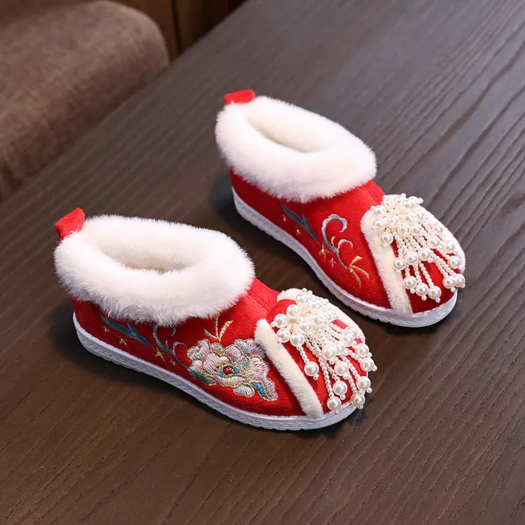 冬新款儿童汉服鞋新中式女童绣花鞋古风鞋子宝宝保暖红色拜年棉鞋