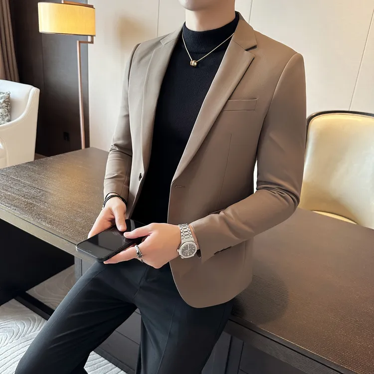 CWG秋冬季韩版男士修身外套男一粒扣西装潮流休闲单件西服男黑色