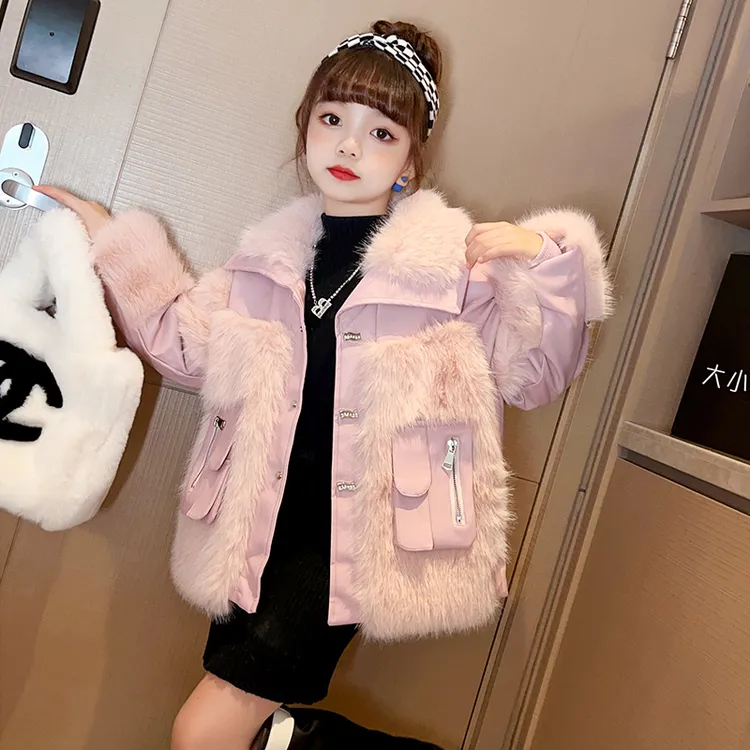女童冬季外套2025新款中大童洋派冬装小女孩加绒加厚皮毛一体大衣