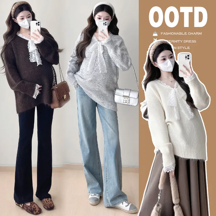 孕妇装2024秋冬时尚外穿新款蕾丝拼接V领系带长袖针织衫宽松毛衣