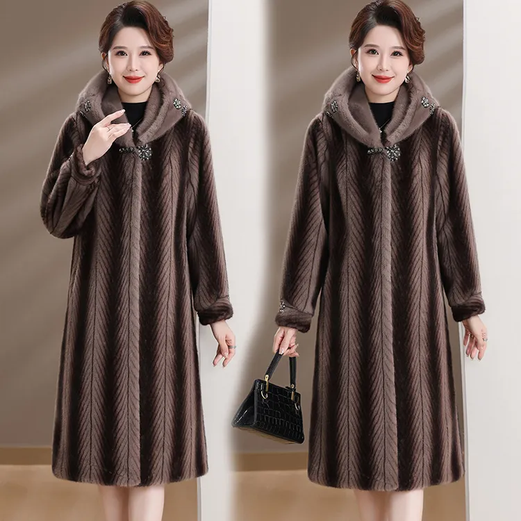 新款冬季中老年仿皮草女长款大衣加厚连帽过膝水貂毛时尚妈妈装