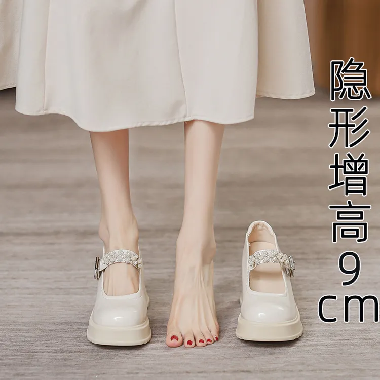 【禾央央】内增高小个子玛丽珍鞋女秋浅口一字带单鞋百搭厚底粗跟