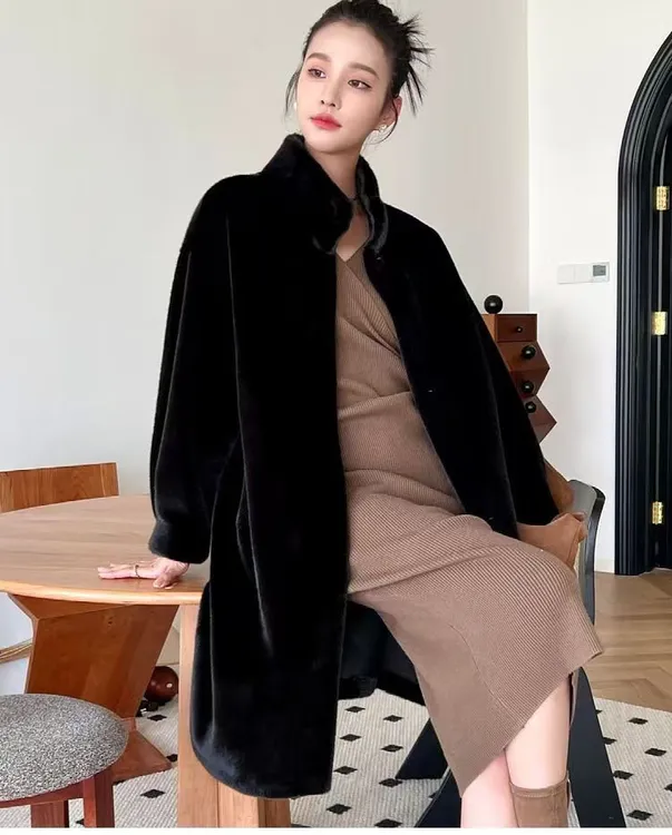 秋冬季时尚立领外套女加厚中长款韩版欧貂绒休闲毛毛大衣宽松保暖