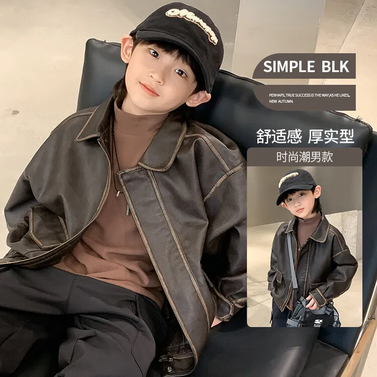 儿童加毛加厚软绵皮衣外套秋冬新款男大童韩版复古百搭夹克上衣