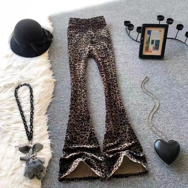 欧版豹纹丝绒微喇裤2024女秋冬季加绒高腰显瘦百搭时尚垂感拖到裤