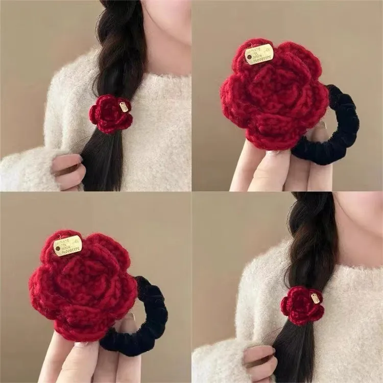 无人区玫瑰手工针织毛线金标红色花朵发圈秋冬新款发绳发饰橡皮筋