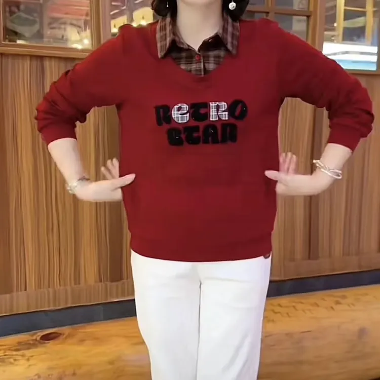 秋季新款女士卫衣时尚格子拼接假两件字母印花宽松显瘦百搭上衣