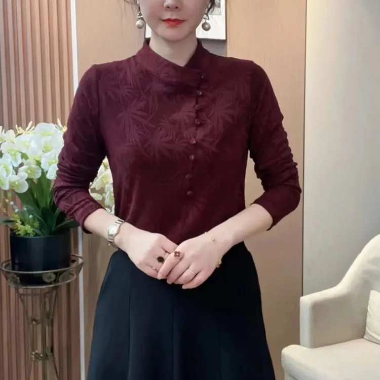 妈妈装复古洋气新款秋季高档减龄百搭提花打底显瘦长袖小衫上衣女